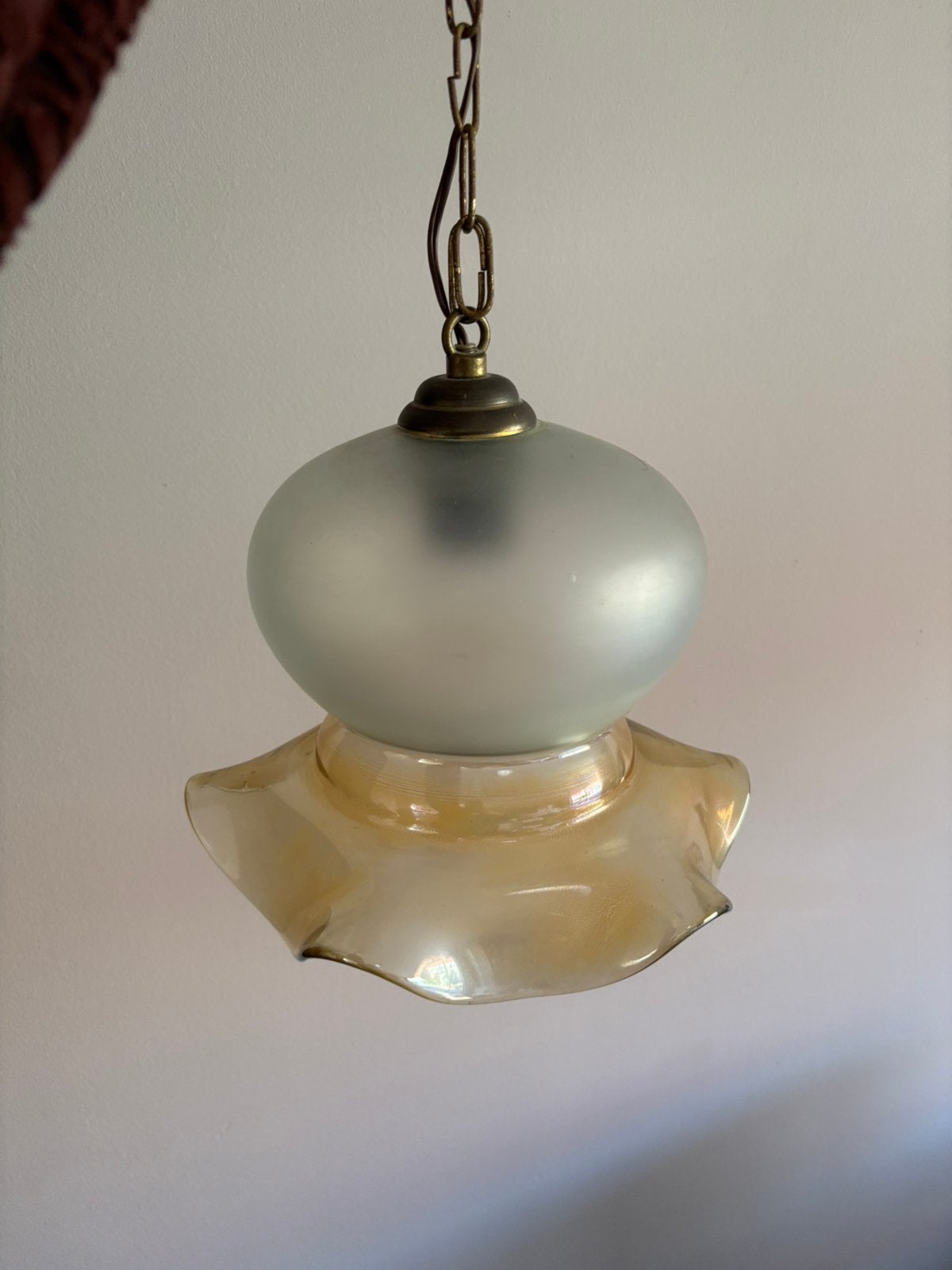 Vintage Franse schulp matglazen hanglamp, Huis en Inrichting, Lampen | Hanglampen, Gebruikt, *, Glas, *