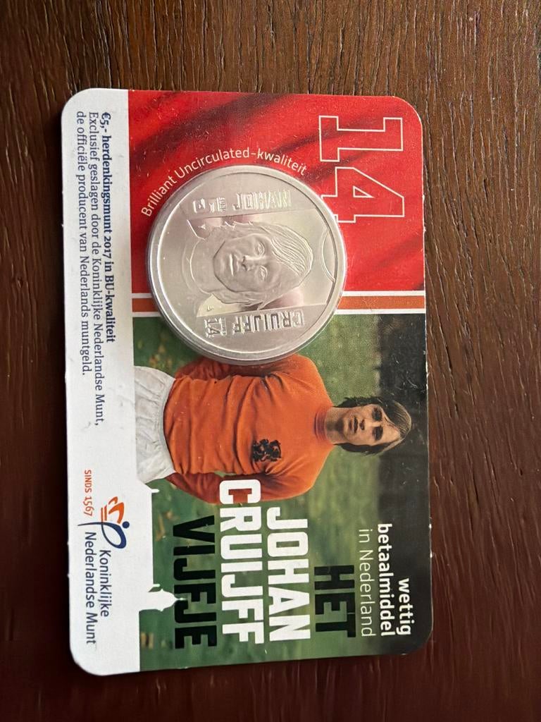 Johan Cruijff Vijfje - Zwaar Verzilverde €5 Munt BU-kwalitei, Postzegels en Munten, Munten | Nederland, Ophalen of Verzenden, Koningin Beatrix