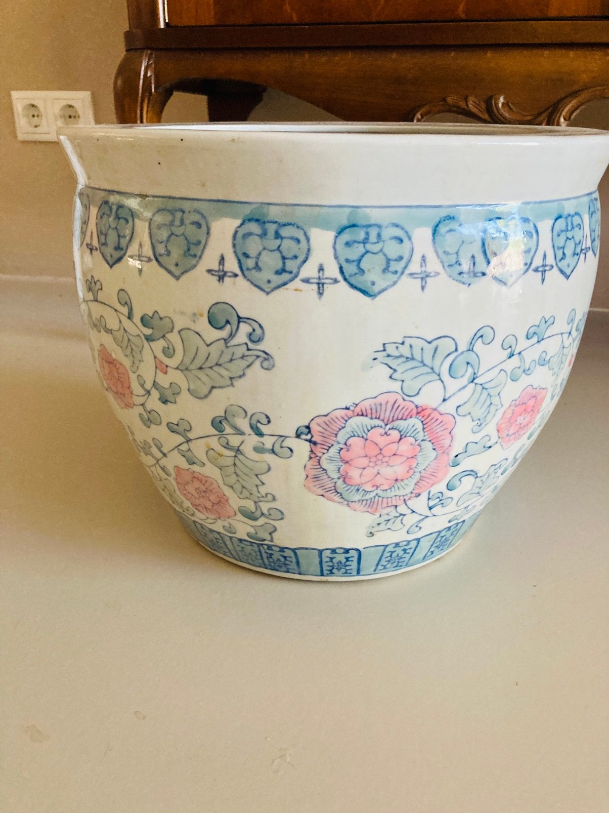 Hele grote Chinoiserie porseleinen bloempot jardinière, Ophalen of Verzenden, Rond, Aardewerk