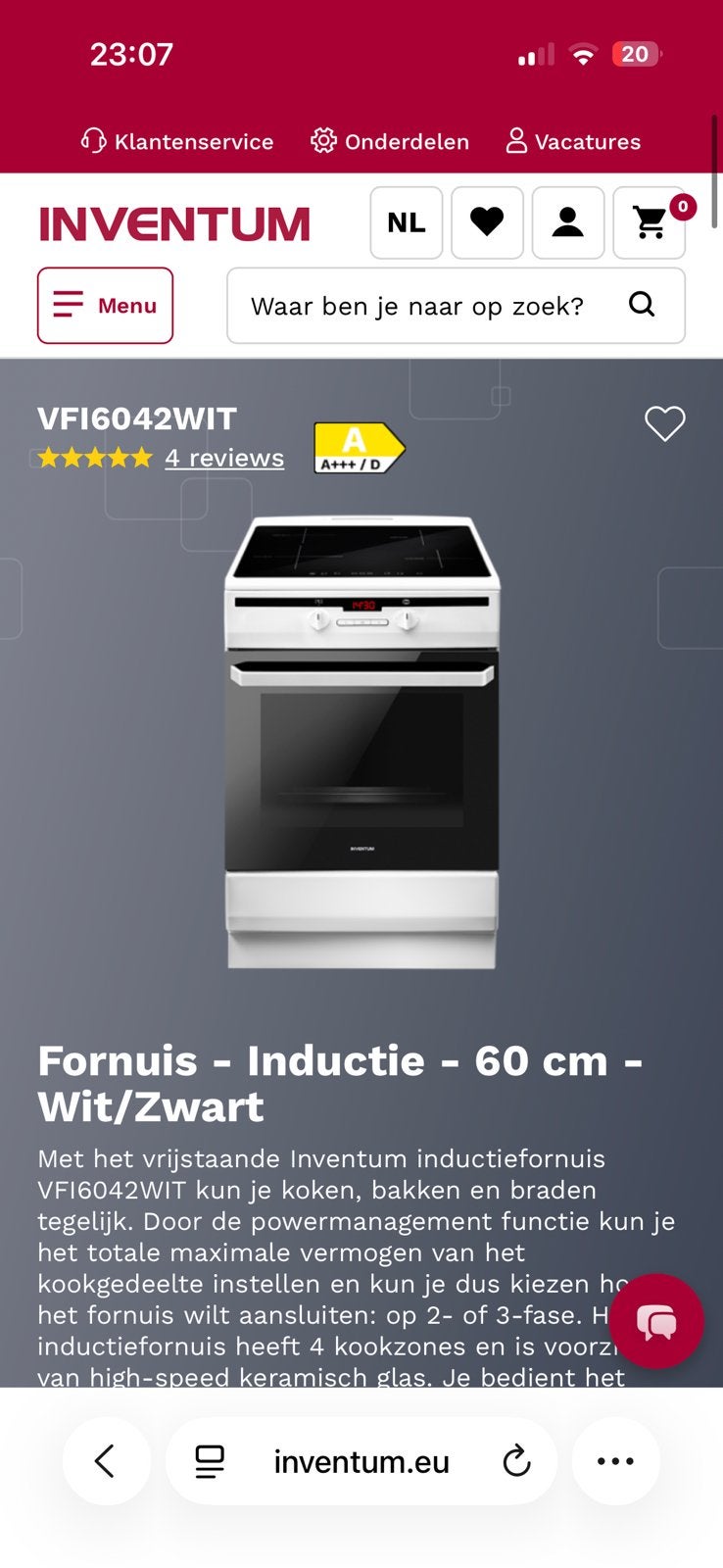 Inventum inductie/fornuis, Ophalen, Nieuw, Vrijstaand, Inventum