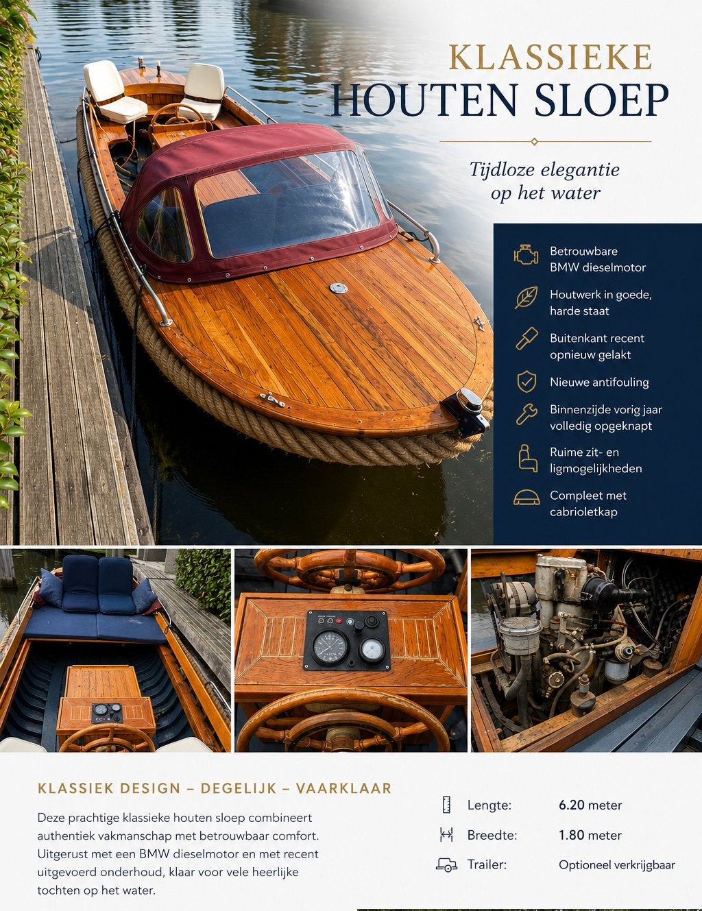 Klassieke houten sloep, Watersport en Boten, Sloepen, Ophalen, Zo goed als nieuw, 1.80 meter, Antifouling