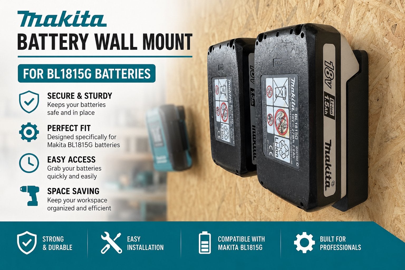 Makita BL1815G / BL1813G Dubbele Accuhouder – Muurbeugel, Ophalen of Verzenden, Zo goed als nieuw, Boor- en Schroefmachine