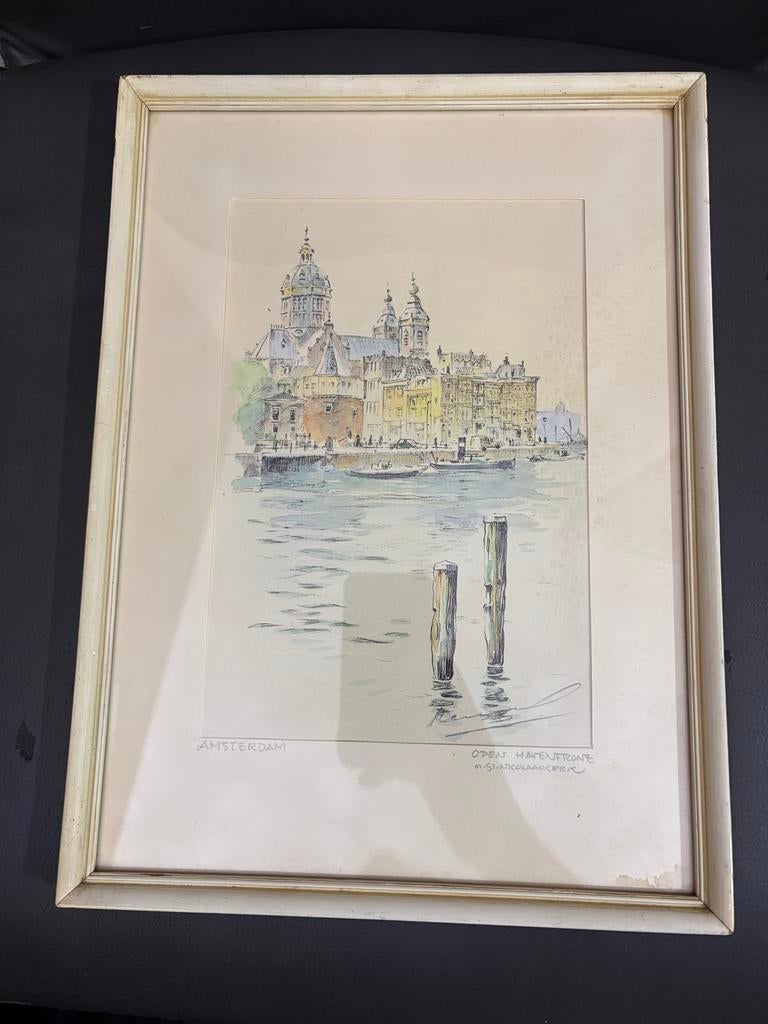 Vintage aquarel Amsterdam: Open Havenfront m. St. Nicolaaske, Ophalen of Verzenden