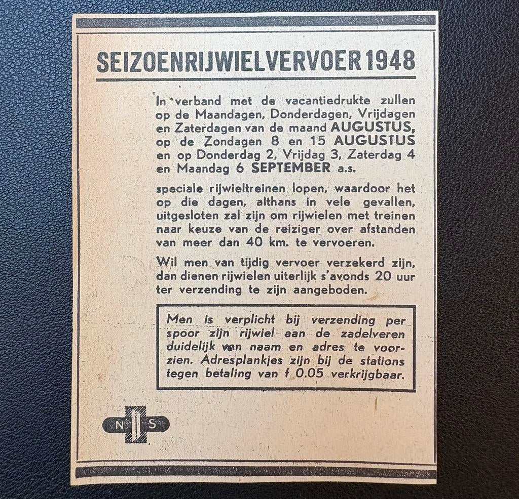 Oude advertentie NS ‘Seizoenrijwielvervoer’ (1948), Verzamelen, Ophalen of Verzenden, Gebruikt, Trein