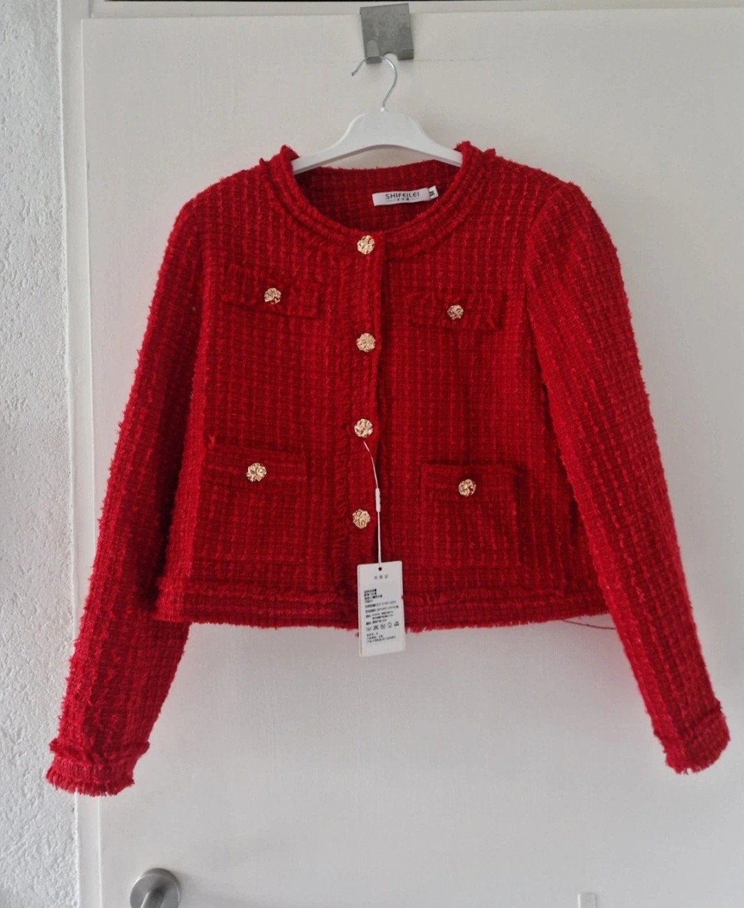 Nieuw rood tweed jasje met glitters, maat S, Nieuw, Ophalen of Verzenden, Jasje, Maat 36 (S)