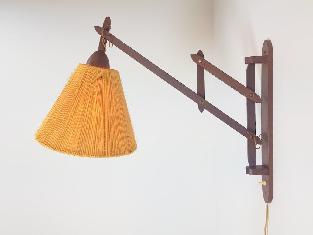 Scissors wandlamp teak hout hennep Denmark 1950 verstelbaar, Gebruikt, Bruin, Hout, Wandlamp