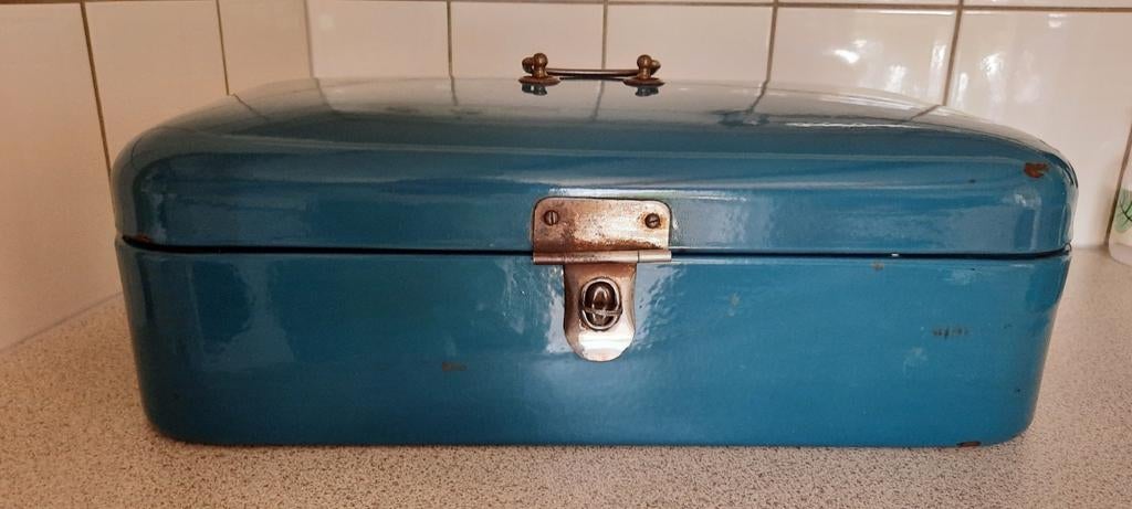 Vintage Broodtrommel - petrol blauwe Emaille, Ophalen of Verzenden