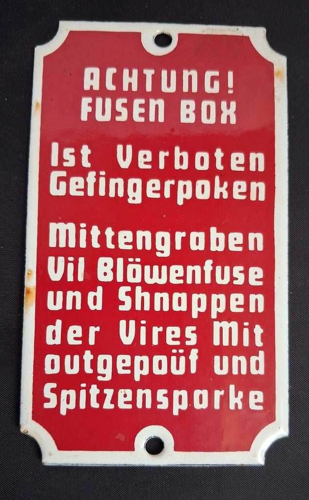 Vintage metalen emaille bordje Fusen box, Verzamelen, Ophalen of Verzenden, Nieuw, Reclamebord