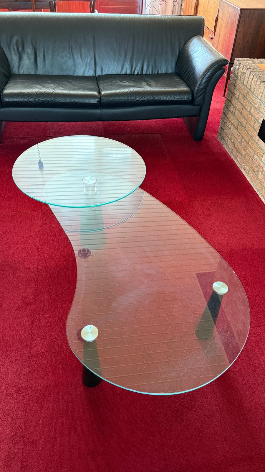 Glazen salontafel met draaibaar rond plateau, Huis en Inrichting, Tafels | Salontafels, Ophalen, Gebruikt, 100 tot 150 cm, 50 tot 100 cm