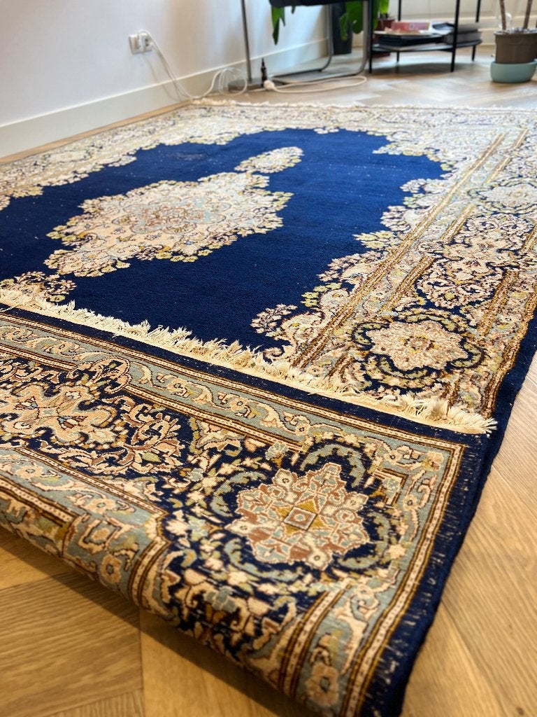 Vintage Perzisch vloerkleed donkerblauw – 200 x 290 cm, Ophalen, Gebruikt, Groen, 200 cm of meer