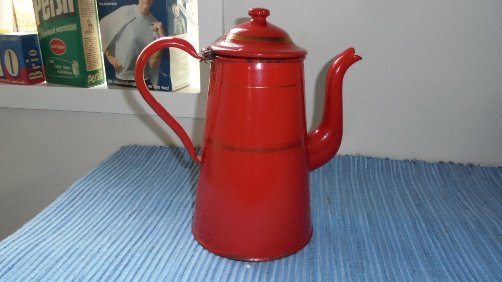 rood emaille koffiekan met bies H24cm, Ophalen