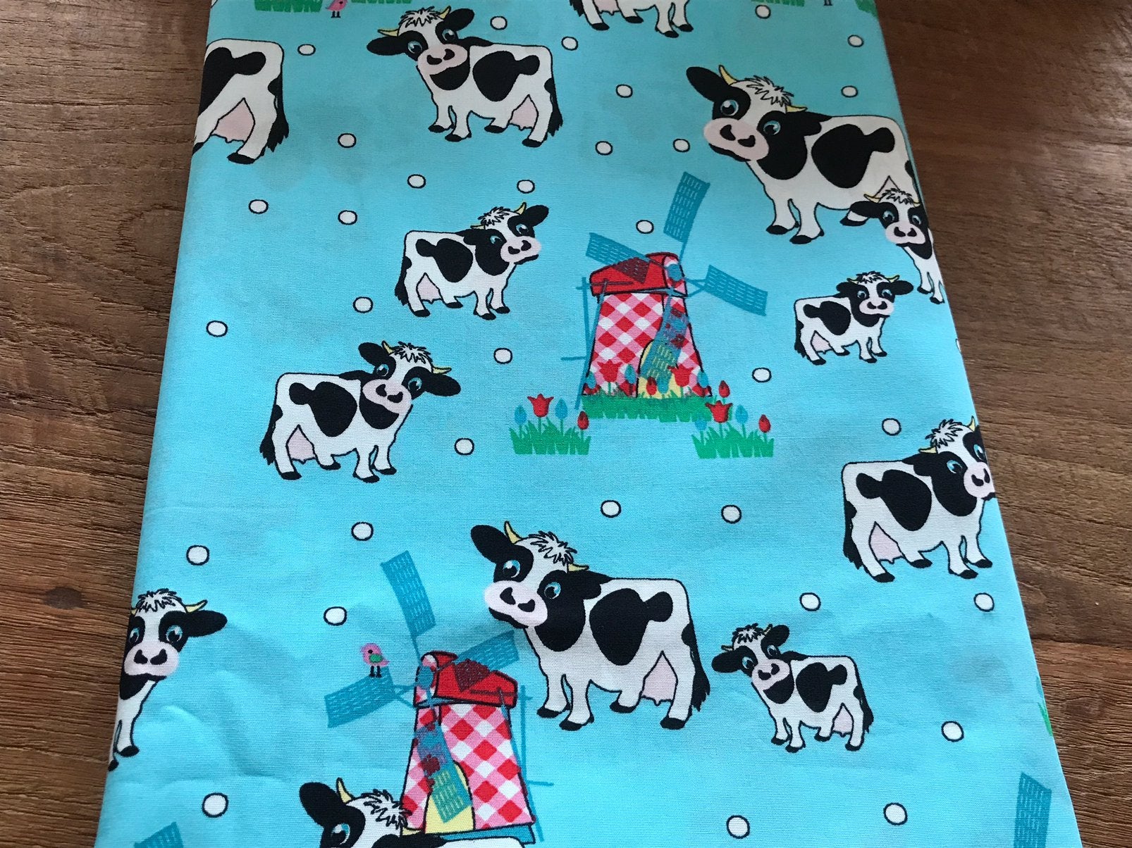 Katoen blauw koe en molen, Hobby en Vrije tijd, Stoffen en Lappen, Blauw, Ophalen of Verzenden, Zo goed als nieuw, 30 tot 120 cm