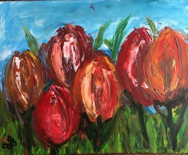 Schilderij tulpen 50x 40 Cm acryl op canvas rood oranje geel, Ophalen of Verzenden, Nieuw, 50 tot 75 cm, Schilderij