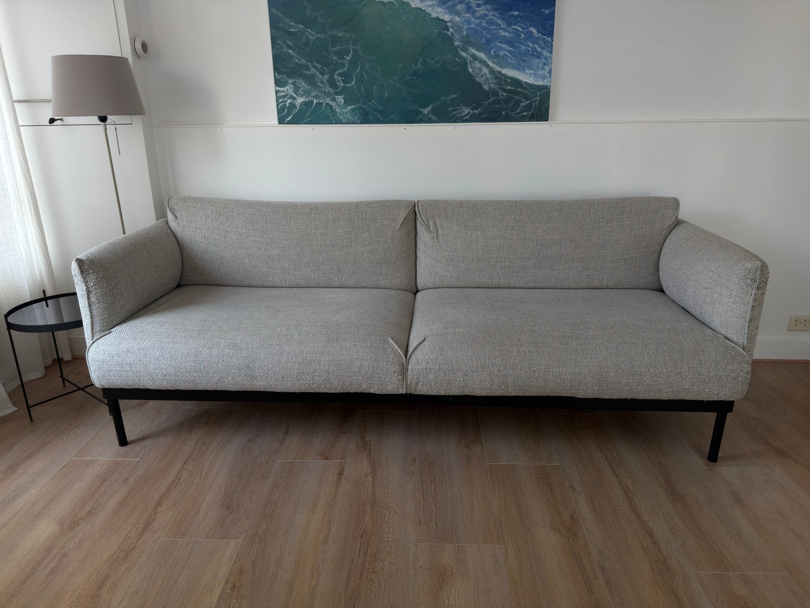 Comfortabele 3-zitsbank in lichte stof, Ophalen, Gebruikt, Driepersoons, 75 tot 100 cm