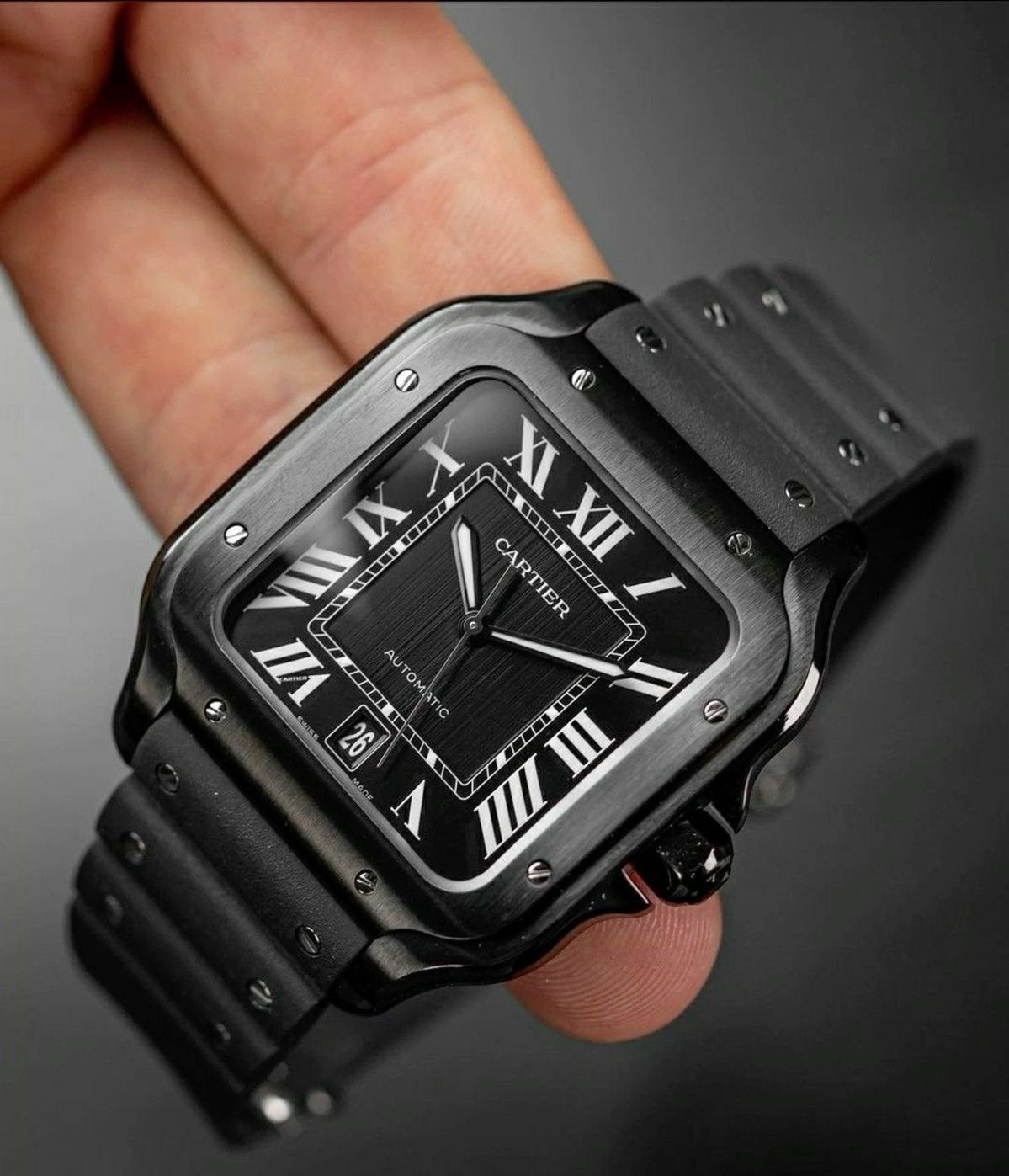 Cartier Santos - Zwart Stalen Horloge!, Ophalen of Verzenden, Zo goed als nieuw, Staal, Polshorloge