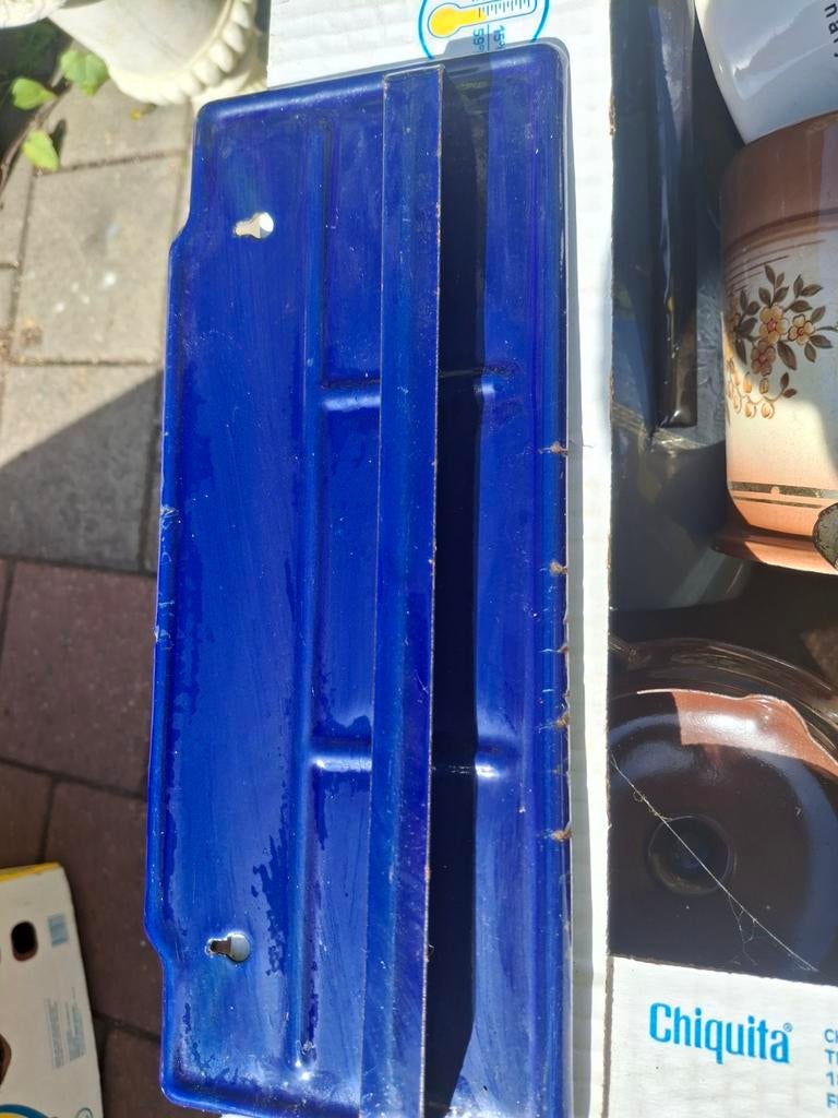Vintage blauwe geëmailleerde thermometerhouder, Antiek en Kunst, Antiek | Emaille, Ophalen of Verzenden