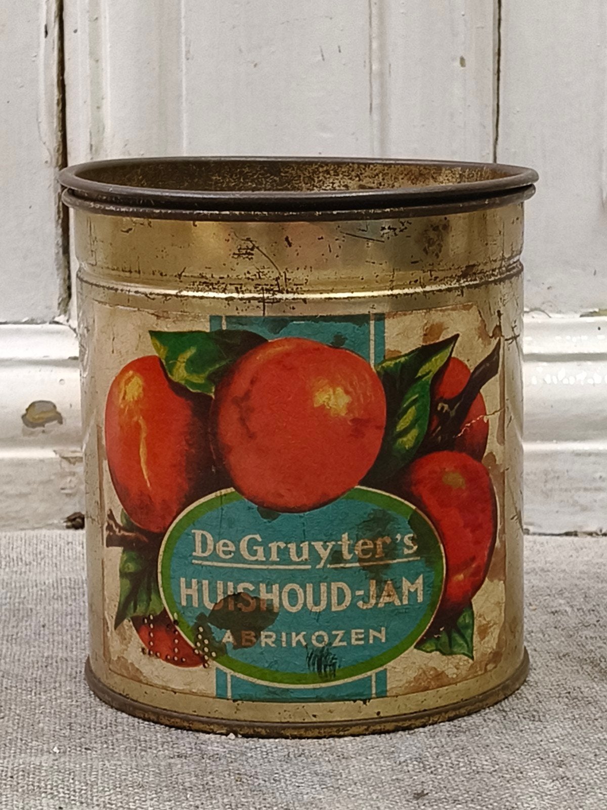 oud blikje De Gruyter's huishoudjam abrikoos, Ophalen of Verzenden, Gebruikt, Overige