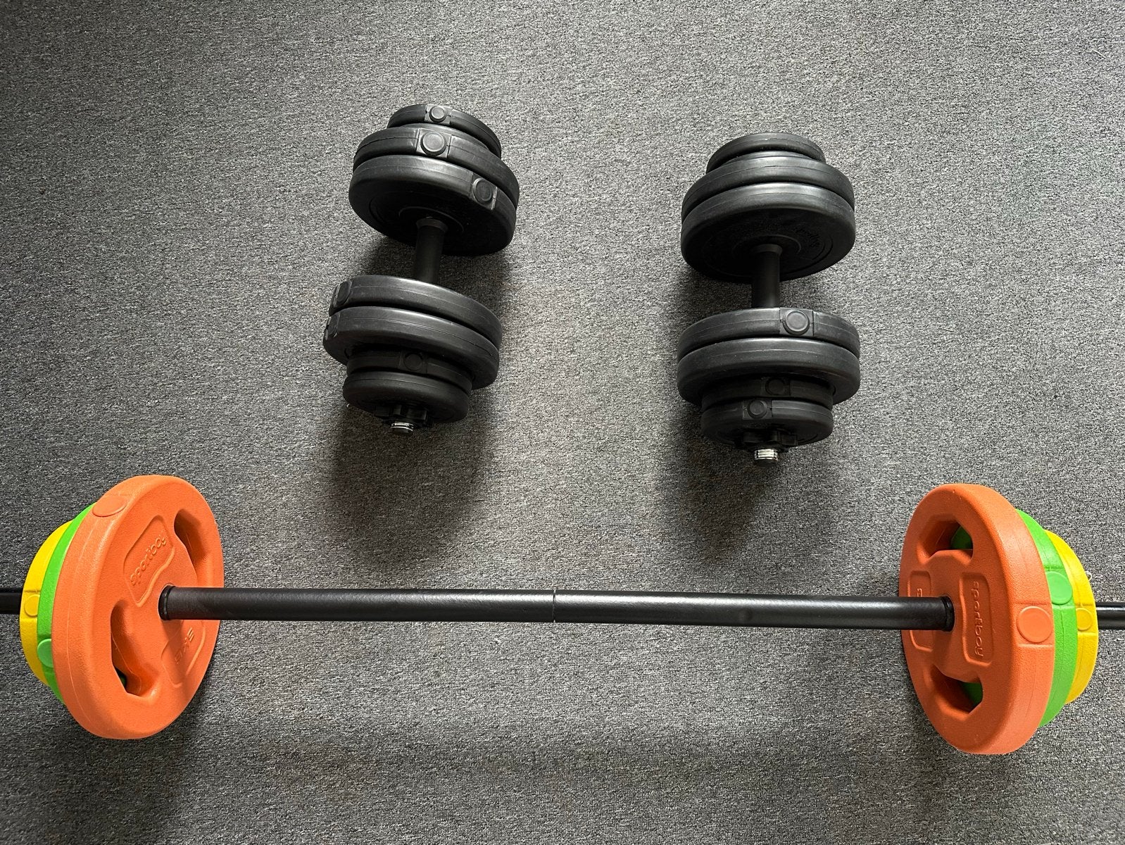 Halterset: Dumbbells en Barbell met diverse gewichten, Ophalen, Gebruikt, Armen, Halterset