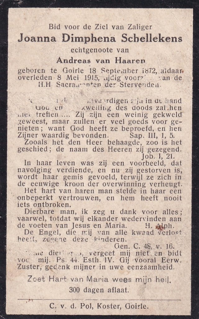 Schellekens Joanna 1872 Goirle 1915, Ophalen of Verzenden, Bidprentje