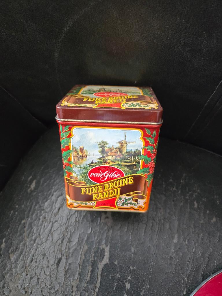 Vintage bewaarblik van Van Gilse, H 9x B 7.5x7.5 cm, Verzamelen, Ophalen, Gebruikt, Suiker, Overige merken