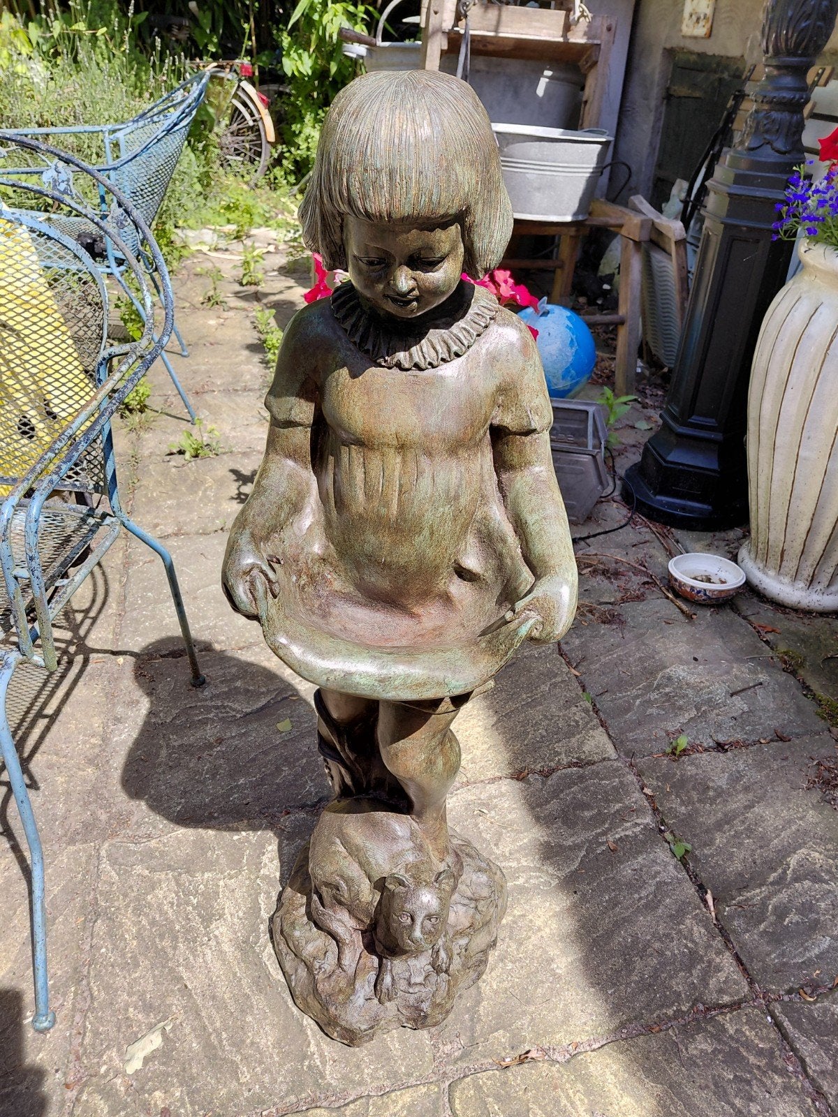 Bronzen beeld van meisje met kat - waterfontijn, Ophalen, Weerbestendig, 50 - 100 cm, Brons