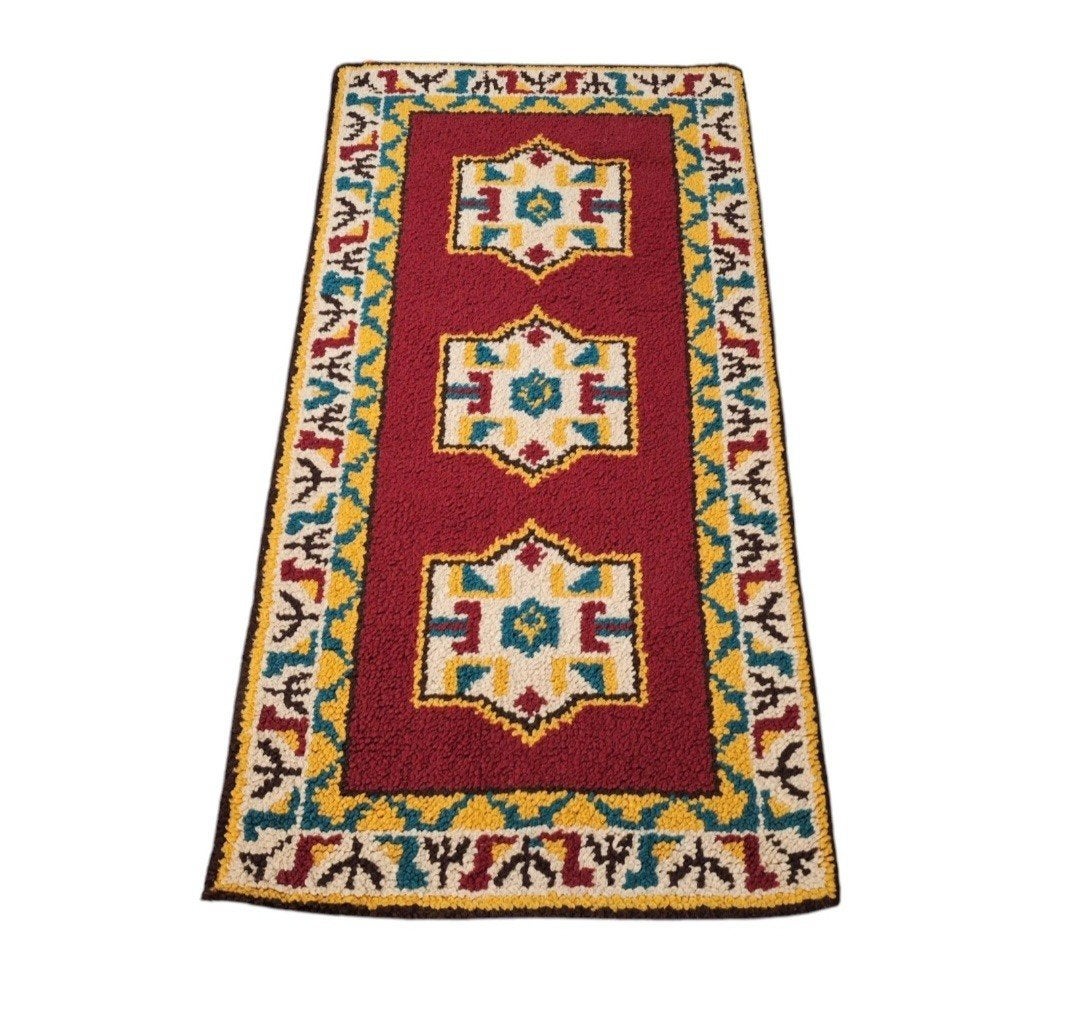 Vintage handgemaakt oosters wol Smyrna tapijt 68x135cm, 100 tot 150 cm, Www.hypepopup.nl, Zo goed als nieuw, Www.hypepopup.nl