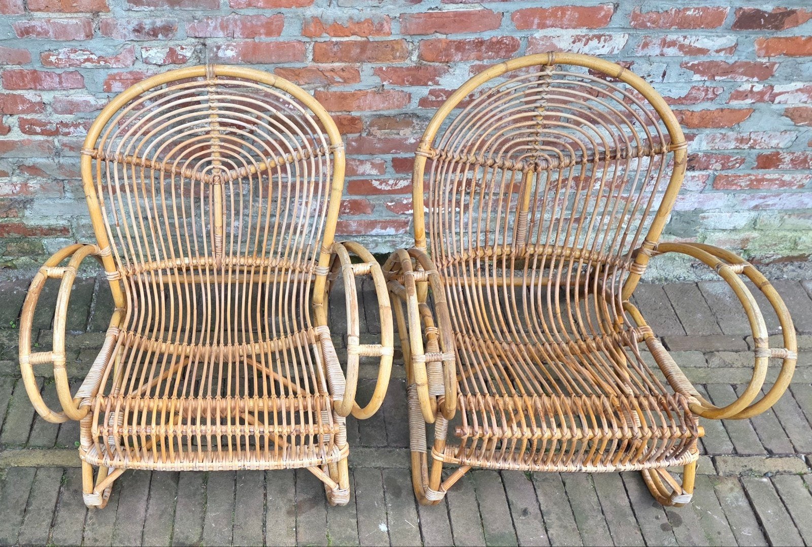 2 vintage, design stoelen.  Bamboe, rotan. Met kussens, Huis en Inrichting, Stoelen, Twee, Ophalen