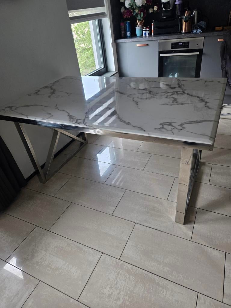 Eettafel en salontafel set - marmerlook met chroom onderstel, Huis en Inrichting, Tafels | Eettafels, Gebruikt, Overige materialen