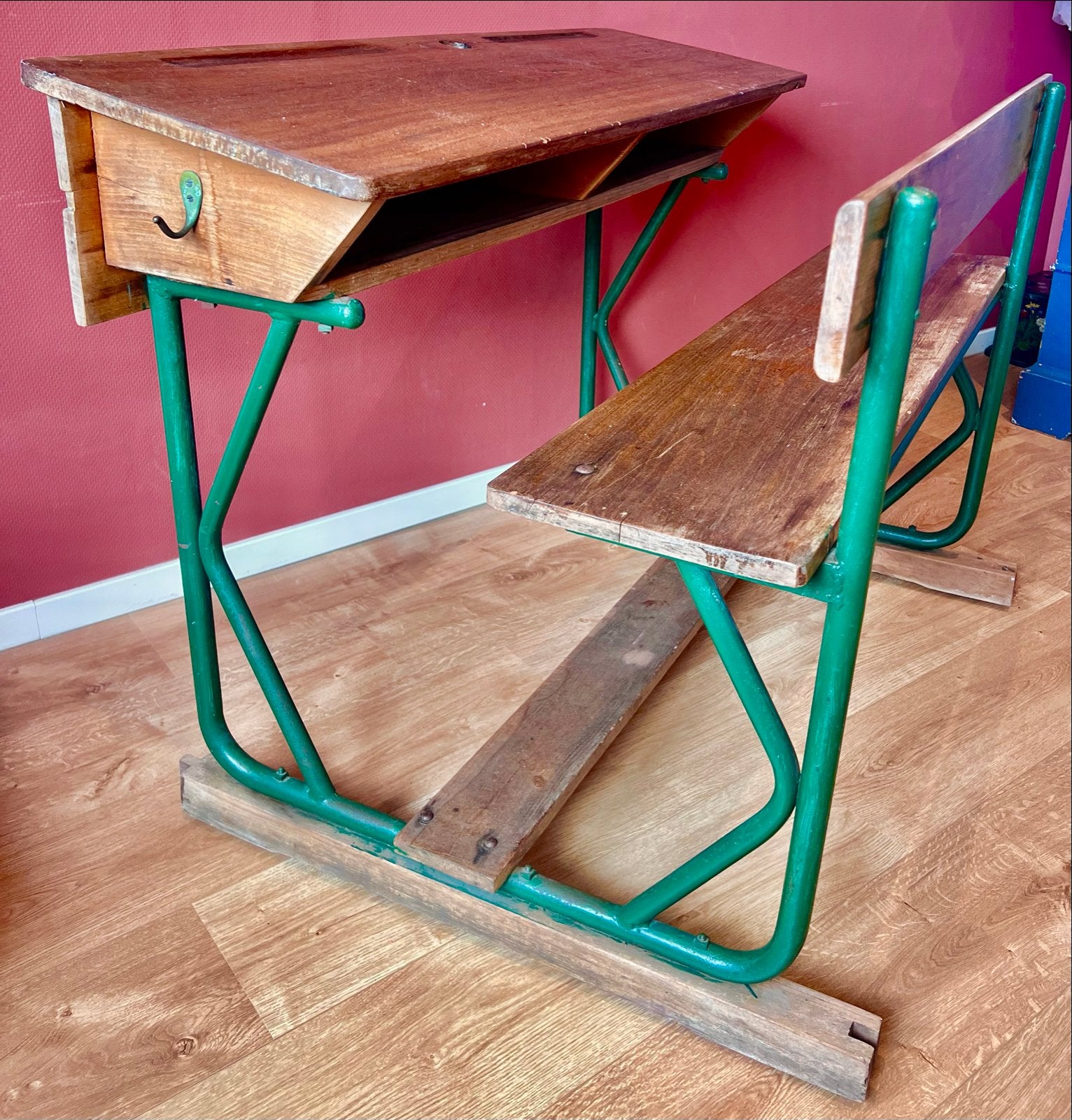 Vintage/brocante groen frans schoolbankje, Ophalen