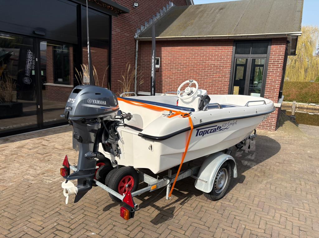 Topcraft 420 + yamaha 25pk en trailer, complete set!, Watersport en Boten, Ophalen, Overige merken, Zo goed als nieuw, Minder dan 70 pk
