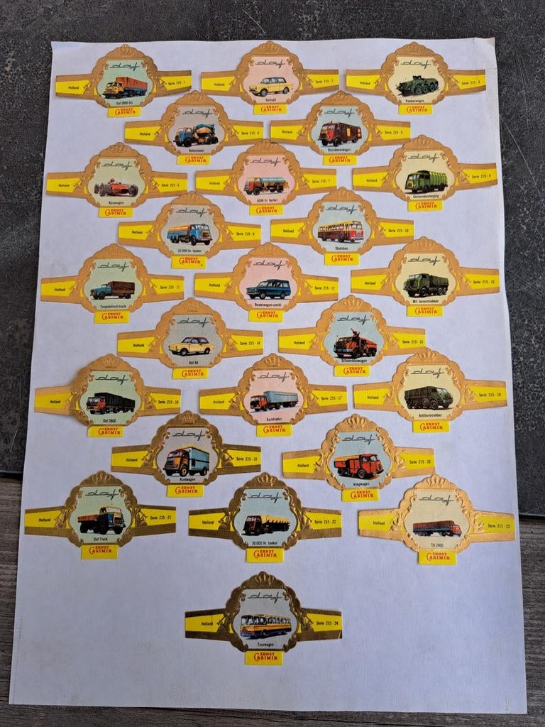 Set van 24 Ernst Casimir sigarenbandjes - DAF auto's, Verzamelen, Ophalen of Verzenden, Zo goed als nieuw, Auto's