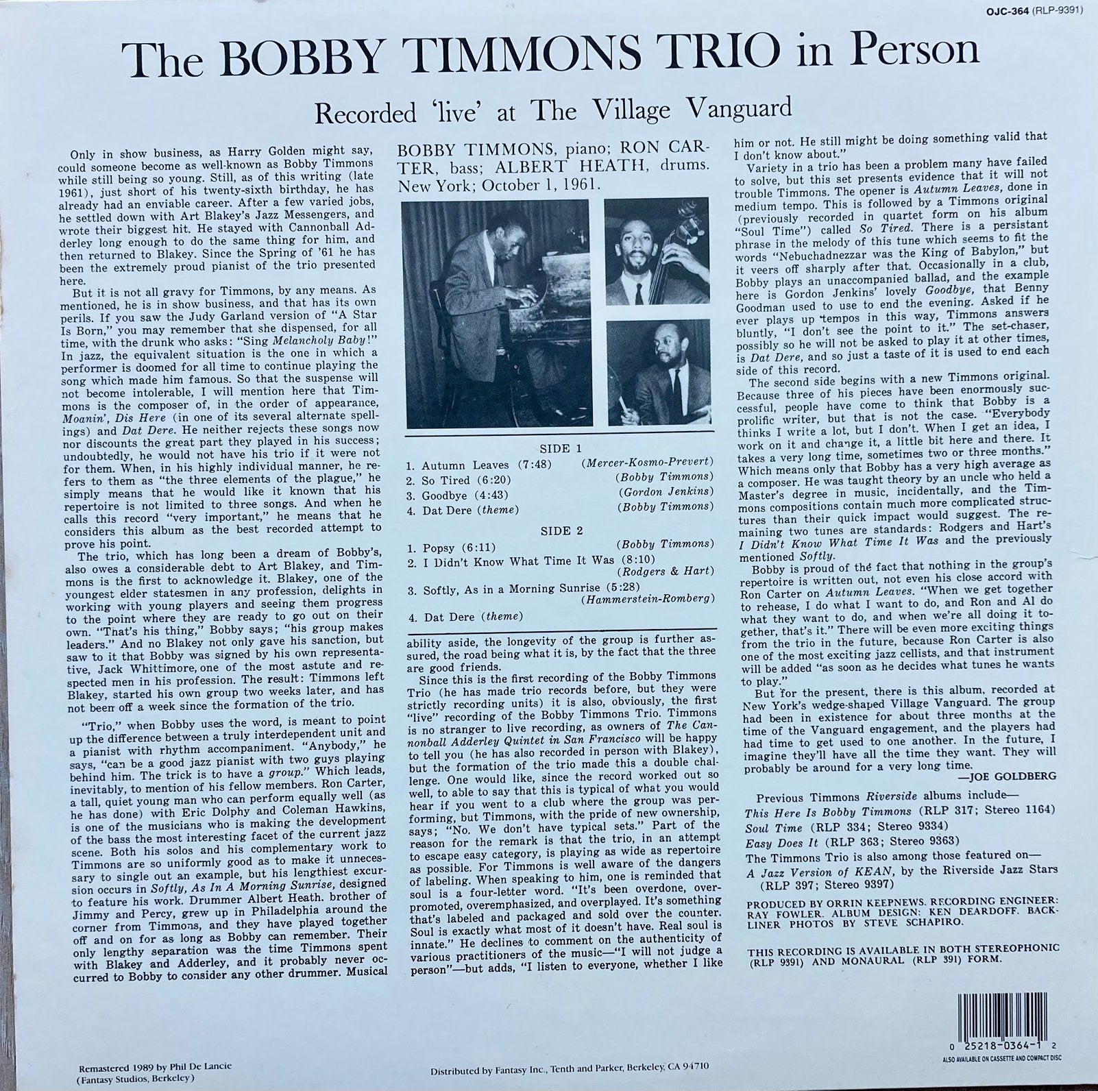 Jazz LP THE BOBBY TIMMONS TRIO, OJC reissue, LP, Gebruikt, Verzenden, Reissue