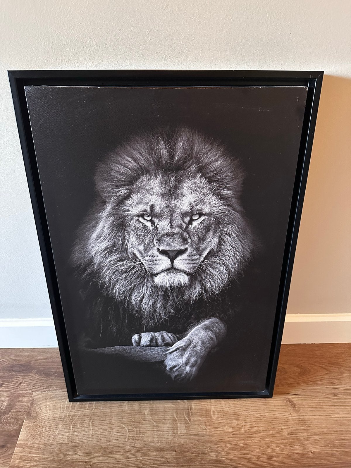 Canvas schilderij leeuw zwart-wit 44x65cm, Ophalen, Textiel, Op houten frame, Dieren
