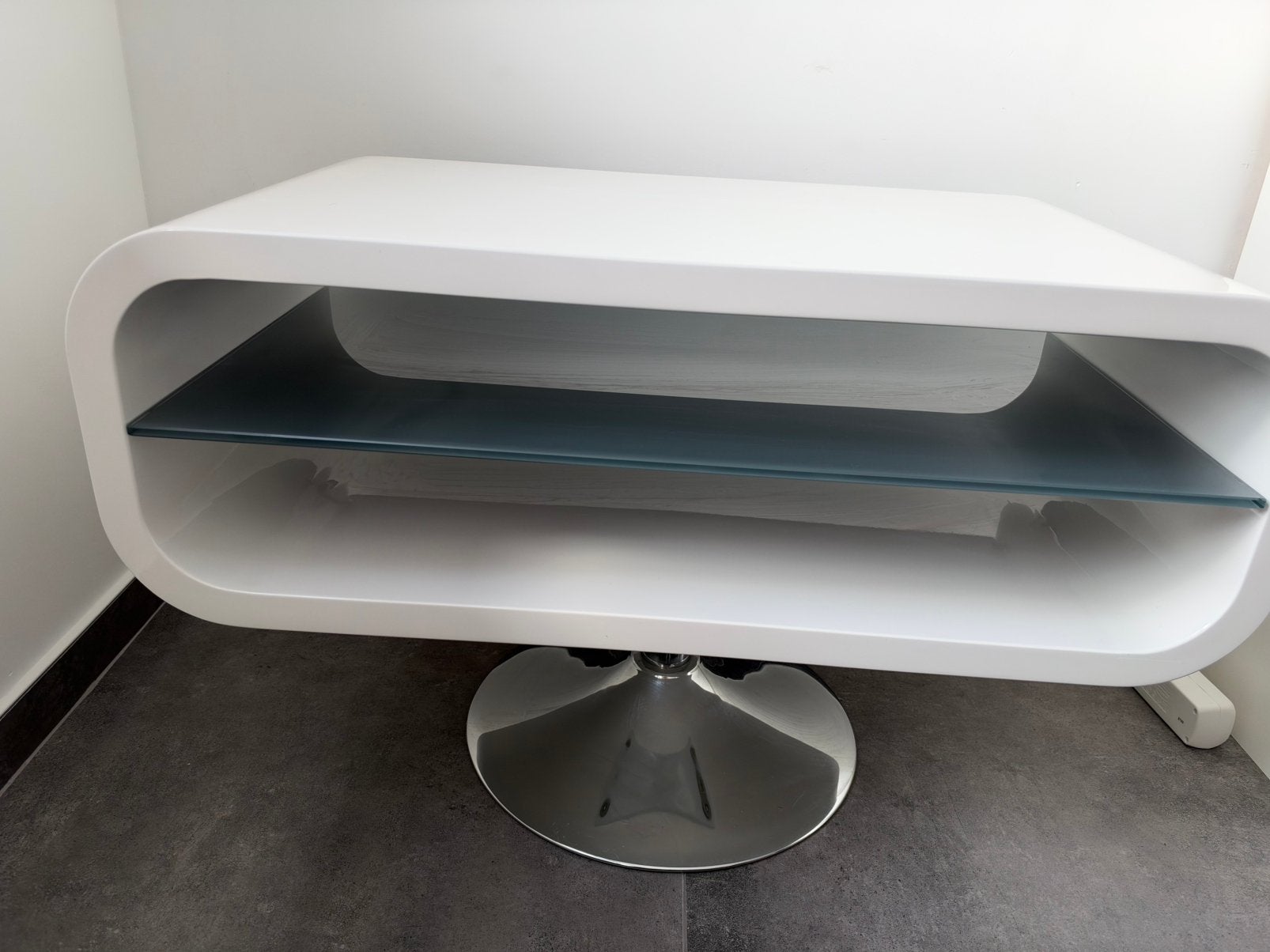 Luxe Design Tv-meubel hoogglans wit met chroom metaal poot, Ophalen, Zo goed als nieuw, Minder dan 100 cm, Metaal