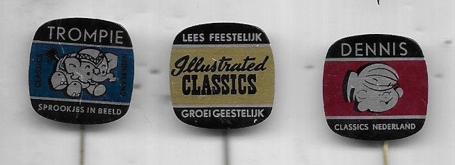 3 SPELDEN CLASSIC ALLUSTRATED  GROEI GEESTELIJK UIT 1 SERIE, Ophalen of Verzenden, Gebruikt, Overige onderwerpen, Speldje of Pin