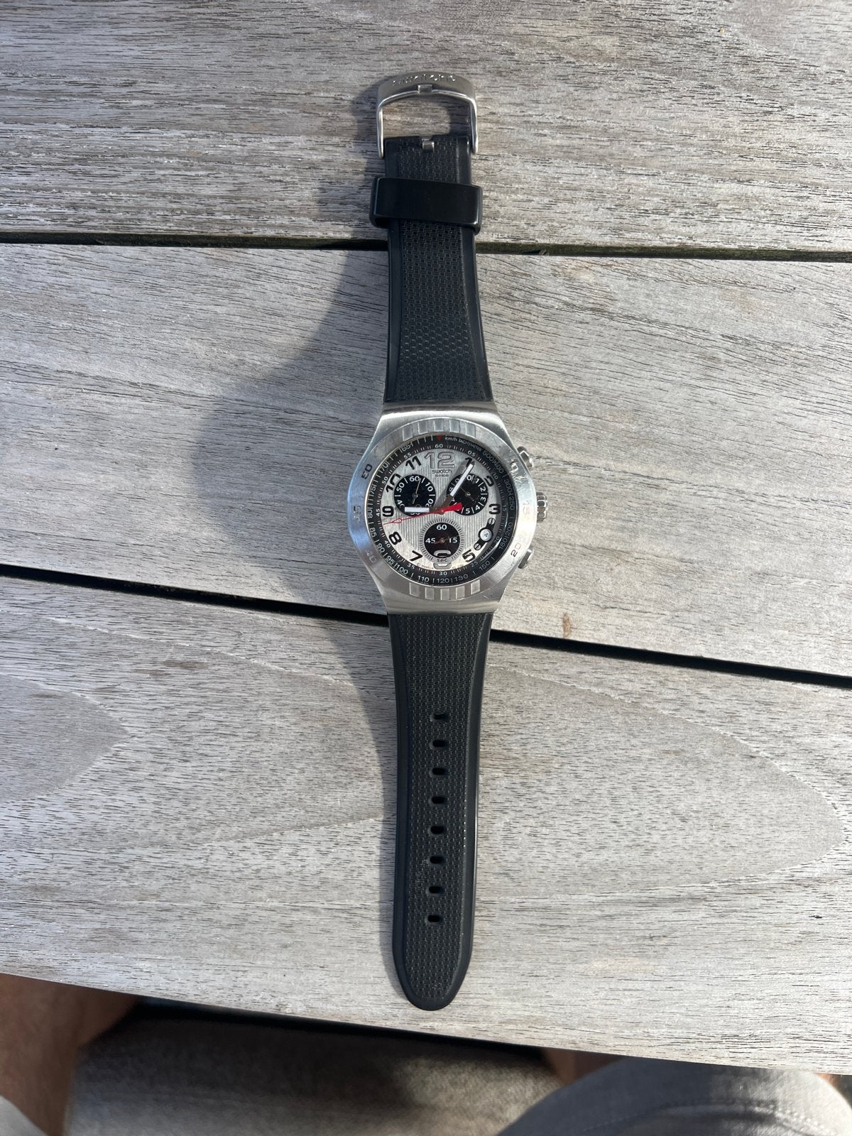 Swatch Irony Chrono Polshorloge - Zilver/Zwart, Antiek en Kunst, Ophalen of Verzenden