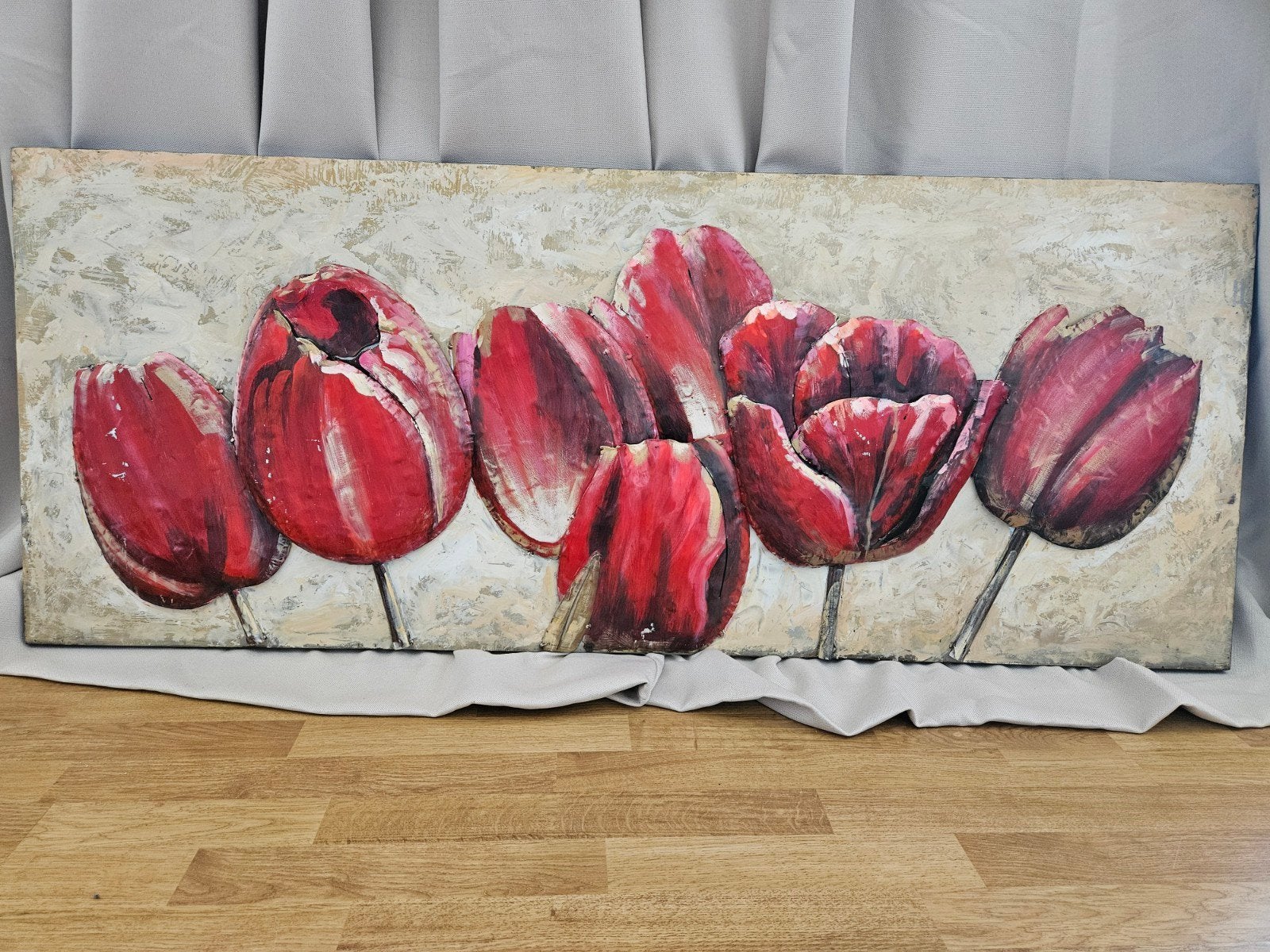 Uniek 3D Metalen Tulpen Kunstwerk - 150x60cm, Ophalen of Verzenden, Handgeschilderd, Bloemen, Metaal