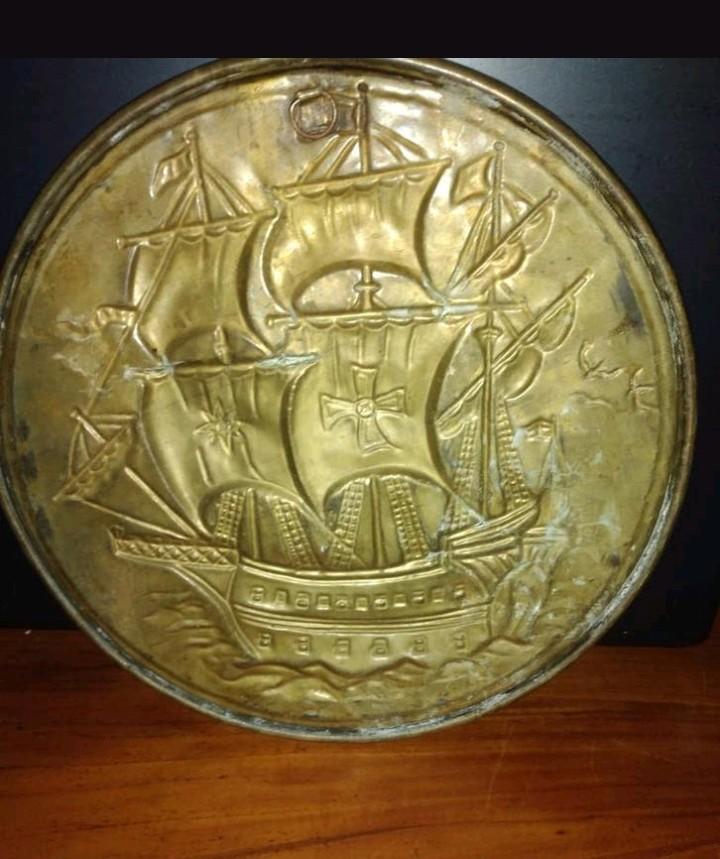 Antieke Koperen Wandplaat met Zeilschip Reliëf, Ophalen of Verzenden, Koper