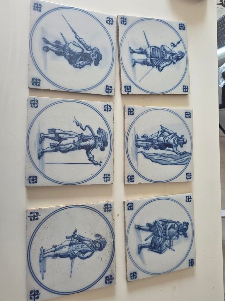 6 Antieke Delfts Blauwe Tegels met Soldatenfiguren (15x15cm), Antiek en Kunst, Antiek | Wandborden en Tegels, Ophalen of Verzenden