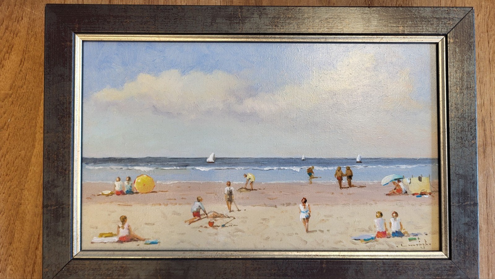 Schilderij strandgezicht met badgasten en boten