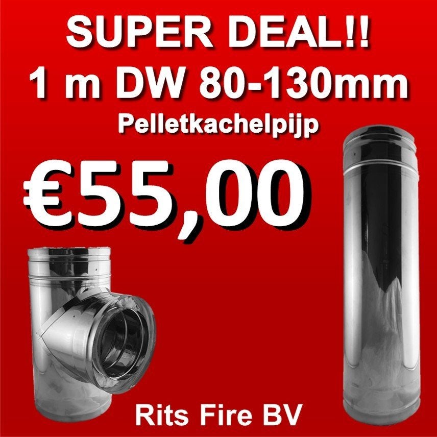 DW kachelpijp / rookkanaal / pelletpijp DW 80/130mm 55,-, Afvoer, Nieuw, Ophalen of Verzenden, Rvs