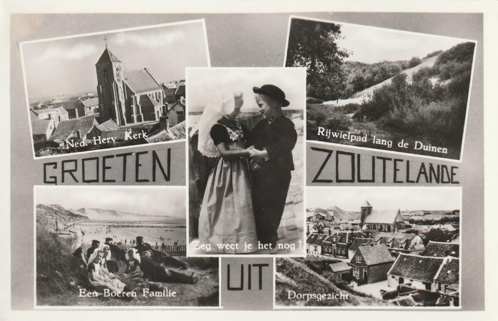 ZOUTELANDE Kerk Klederdracht Rijwielpad Groeten, Verzamelen, Ansichtkaarten | Nederland, Ongelopen, Zeeland, 1940 tot 1960, Verzenden