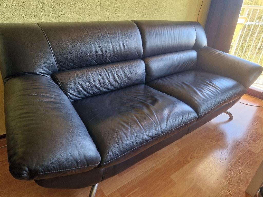 Gratis!! Zwart lederen 3-zits bank, Huis en Inrichting, Ophalen, Gebruikt, Driepersoons, 75 tot 100 cm