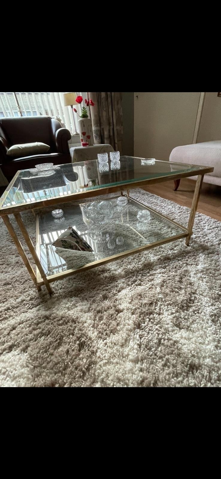 Prachtige vierkante salontafel van glas en messing-metaal, Ophalen, 50 tot 100 cm, Vierkant, 50 tot 100 cm