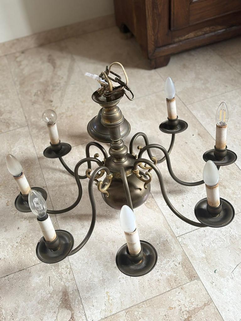 Koperen 8 armige lamp met kaarslapjes, Huis en Inrichting, Lampen | Kroonluchters, Ophalen of Verzenden, Gebruikt, Overige materialen