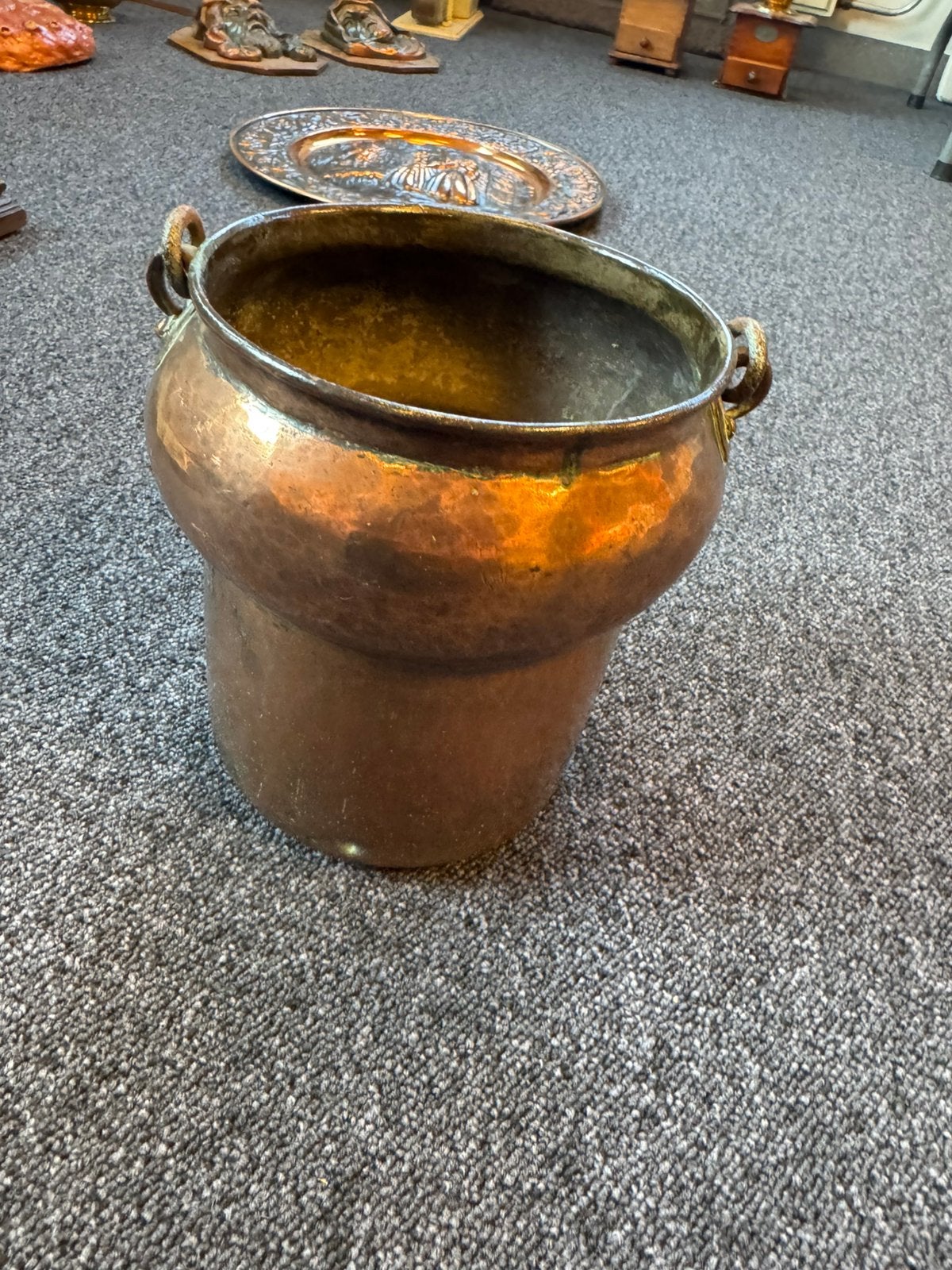 Oude koperen pot met handgrepen – brocante, Ophalen of Verzenden