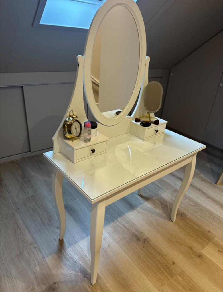 Witte Kaptafel met Spiegel, Lades en Kruk, Ophalen, Gebruikt, 100 tot 150 cm, 50 tot 100 cm