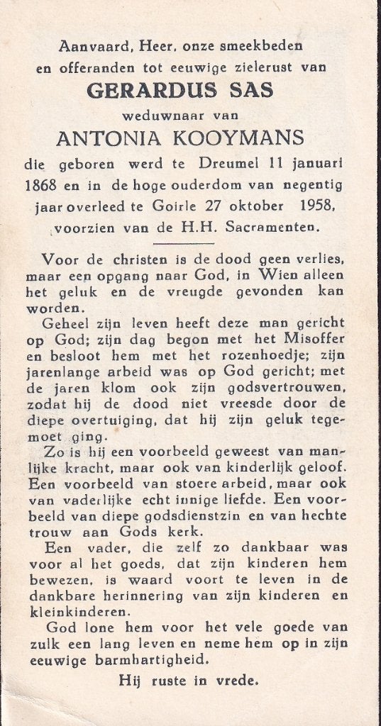Sas Gerardus 1868 Dreumel 1958 Goirle, Ophalen of Verzenden, Bidprentje