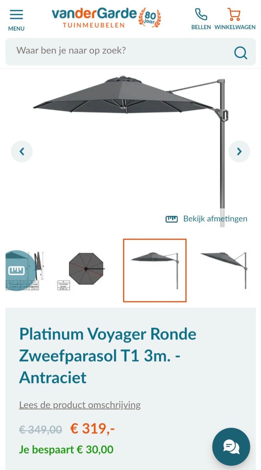 Platinum Voyager Ronde Zweefparasol T1 3m. Antraciet. Nieuw!, Tuin en Terras, Ophalen, Nieuw, Zweefparasol