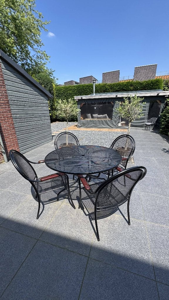 Nieuw ge-poeder-coate metalen tuinset met 4 stoelen, Tuin en Terras, Tuintafels, Ophalen, Zo goed als nieuw, Rond, Metaal